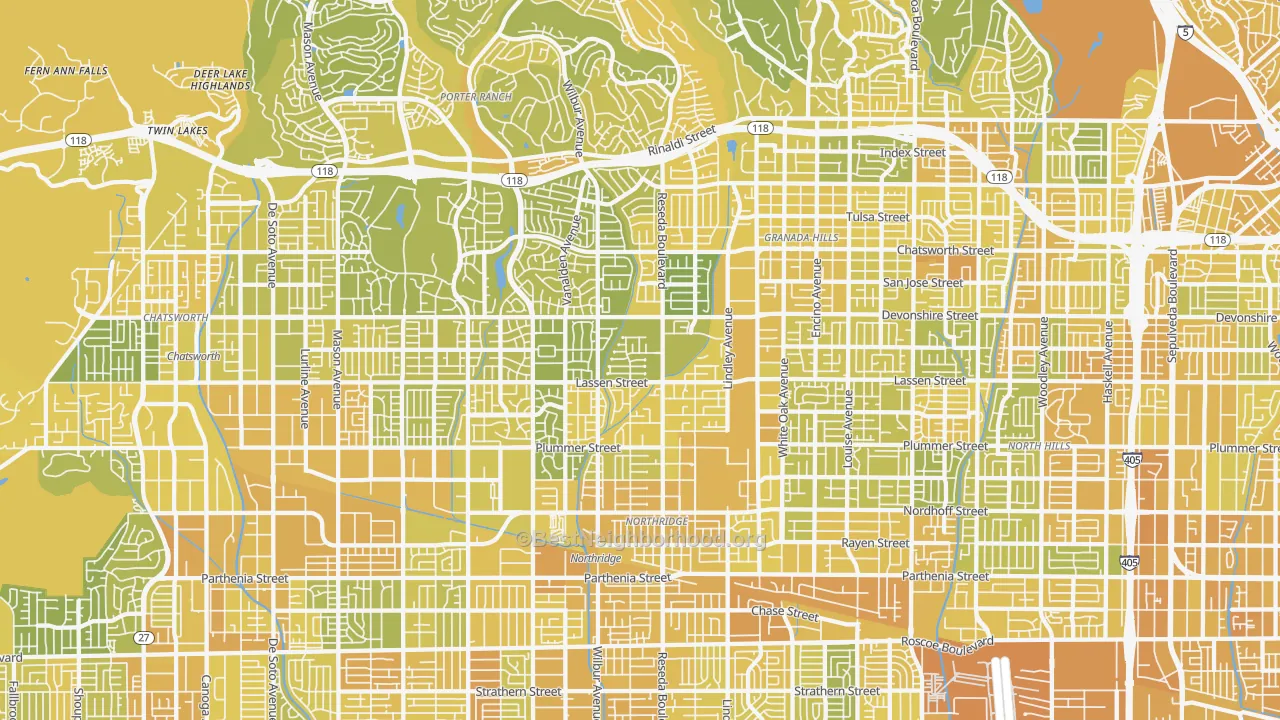 Map of the best neighborhoods in the Northridge area, with better matches in green and worse matches in red