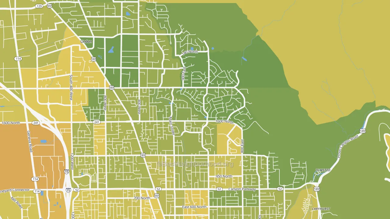 Map of the best neighborhoods in the Northridge, Orem area, with better matches in green and worse matches in red