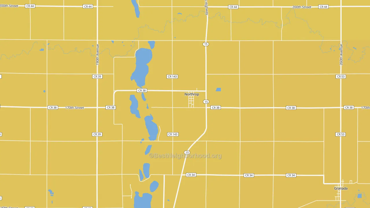 Map of the best neighborhoods in the Northrop area, with better matches in green and worse matches in red