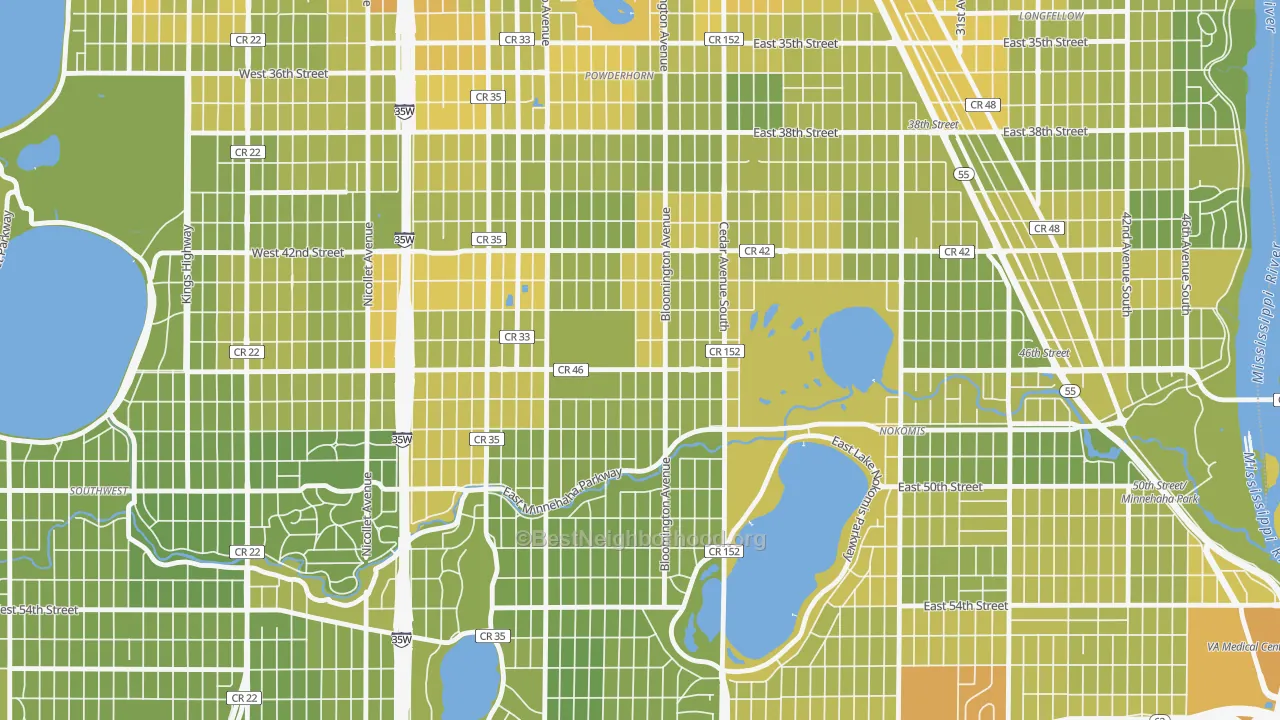 Map of the best neighborhoods in the Northrup, Minneapolis area, with better matches in green and worse matches in red
