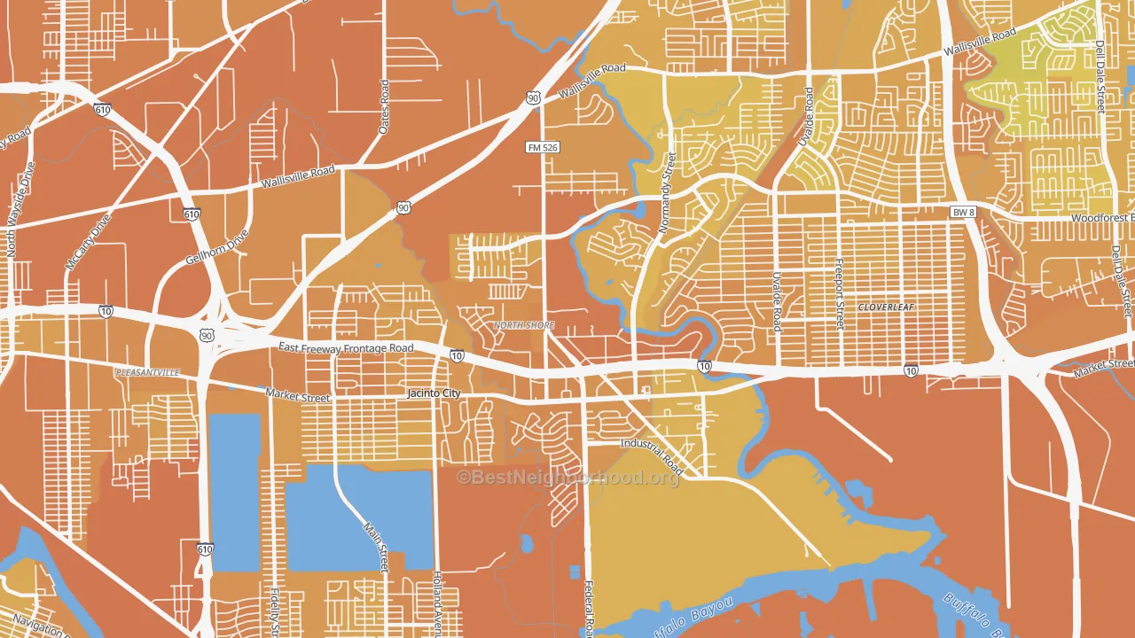 Map of the best neighborhoods in the Northshore, Houston area, with better matches in green and worse matches in red