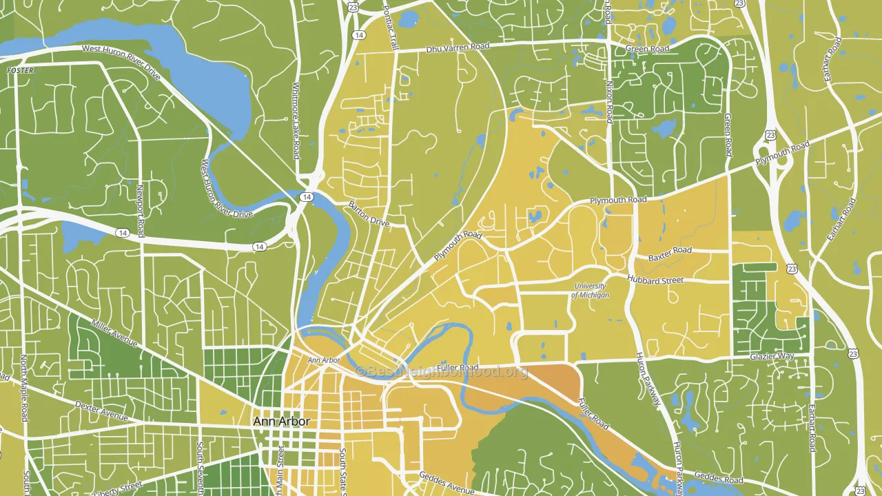 Map of the best neighborhoods in the Northside Ann Arbor, Ann Arbor area, with better matches in green and worse matches in red