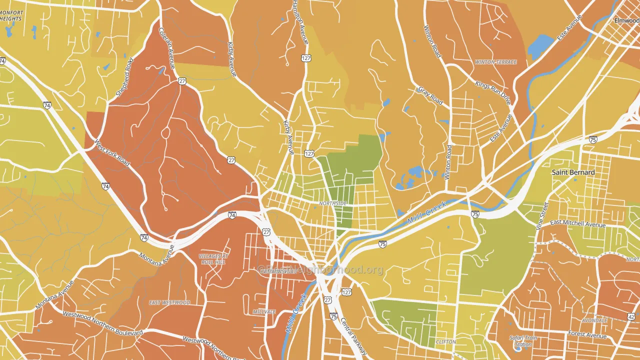 Map of the best neighborhoods in the Northside, Cincinnati area, with better matches in green and worse matches in red