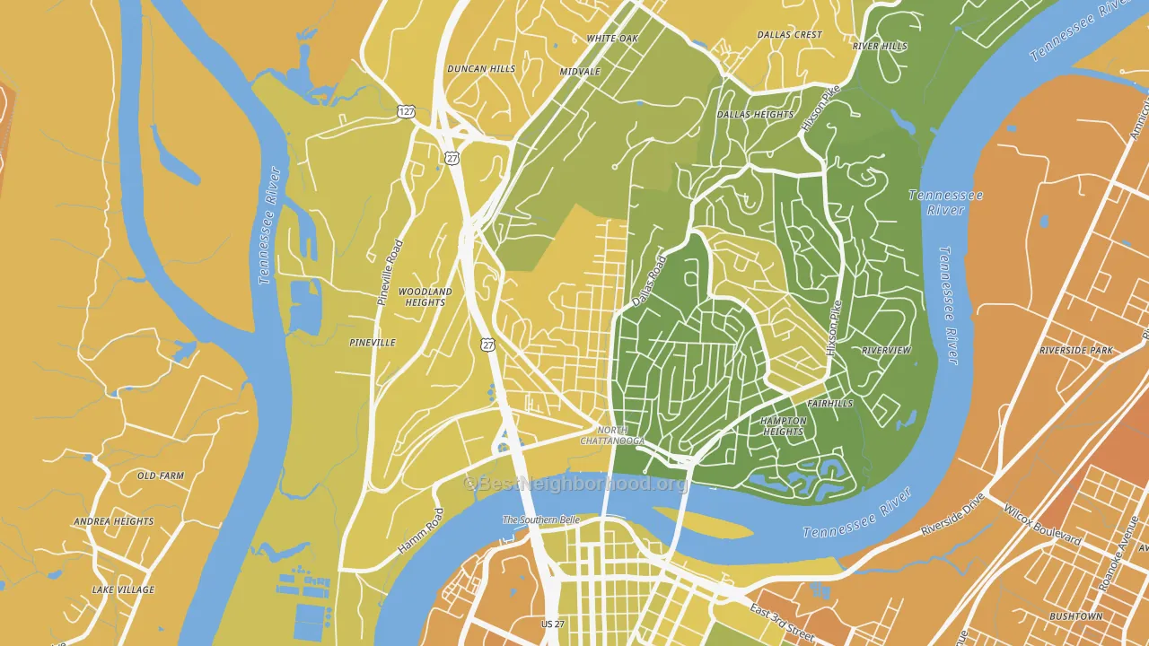 Map of the best neighborhoods in the Northside Community, Chattanooga area, with better matches in green and worse matches in red