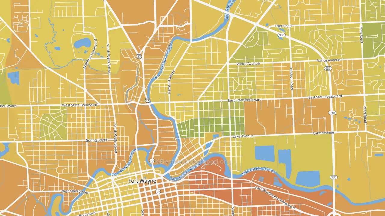 Map of the best neighborhoods in the Northside, Fort Wayne area, with better matches in green and worse matches in red