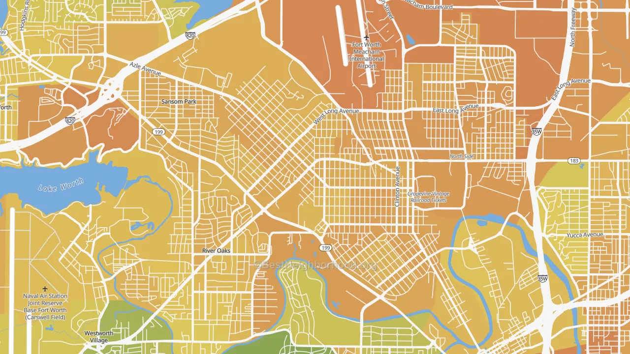 Map of the best neighborhoods in the Northside, Fort Worth area, with better matches in green and worse matches in red