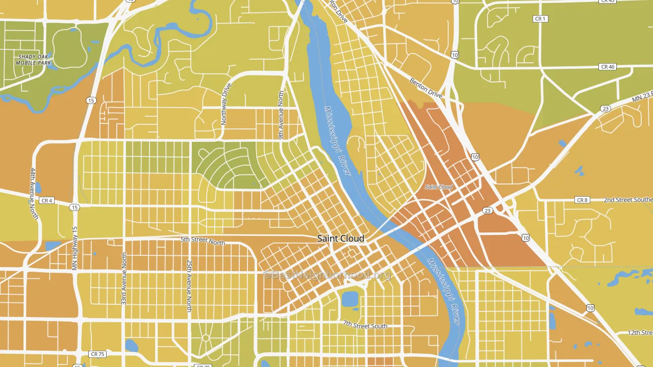 Map of the best neighborhoods in the Northside Hester Park, St. Cloud area, with better matches in green and worse matches in red