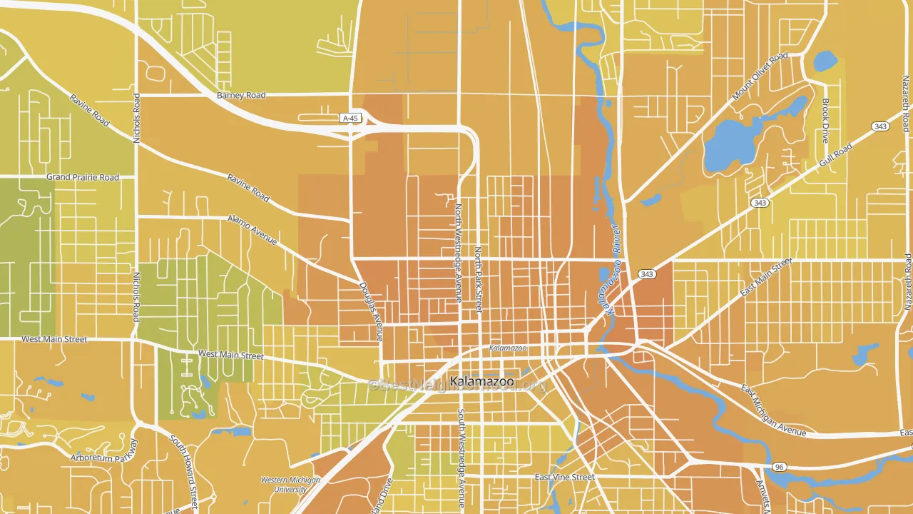 Map of the best neighborhoods in the Northside, Kalamazoo area, with better matches in green and worse matches in red