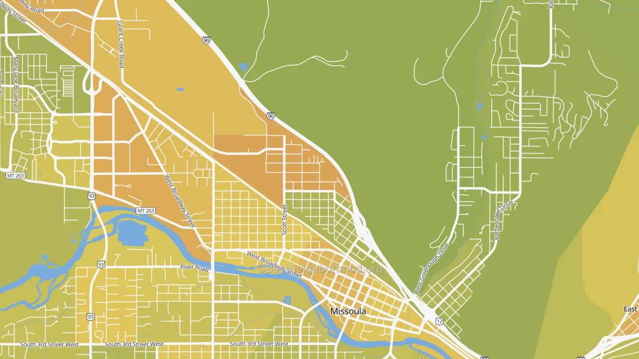 Map of the best neighborhoods in the Northside, Missoula area, with better matches in green and worse matches in red