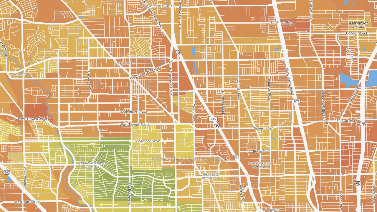 Map of the best neighborhoods in the Northside Northline, Houston area, with better matches in green and worse matches in red