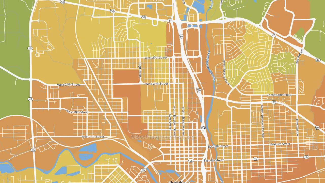 Map of the best neighborhoods in the Northside, Pueblo area, with better matches in green and worse matches in red