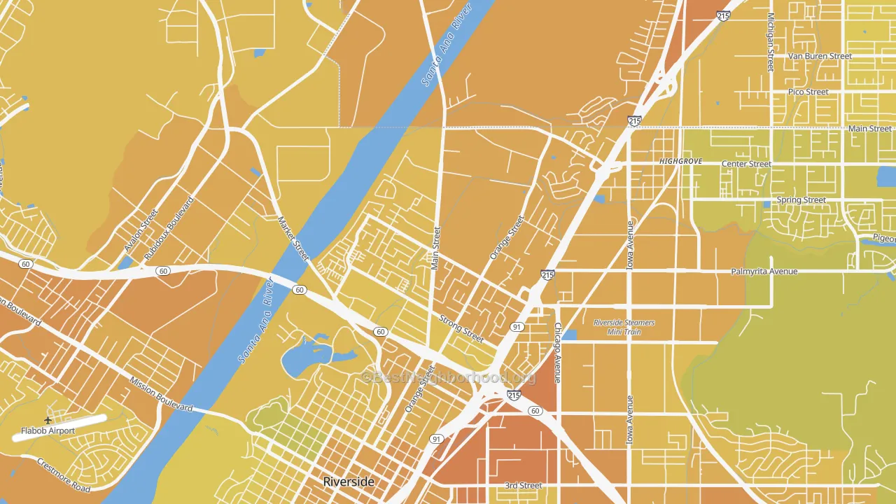 Map of the best neighborhoods in the Northside, Riverside area, with better matches in green and worse matches in red