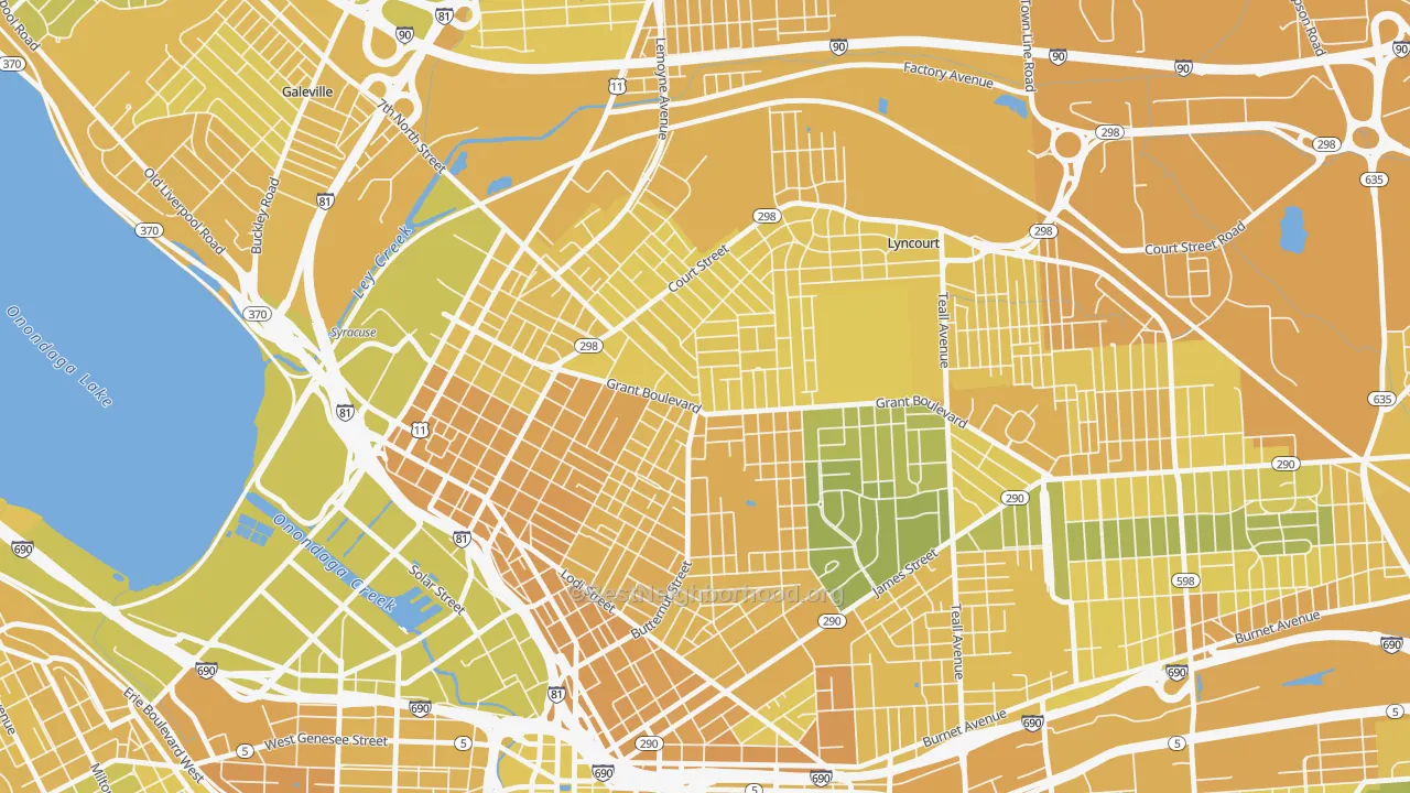 Map of the best neighborhoods in the Northside, Syracuse area, with better matches in green and worse matches in red