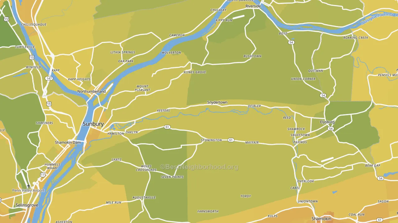Map of the best neighborhoods in the Northumberland County area, with better matches in green and worse matches in red