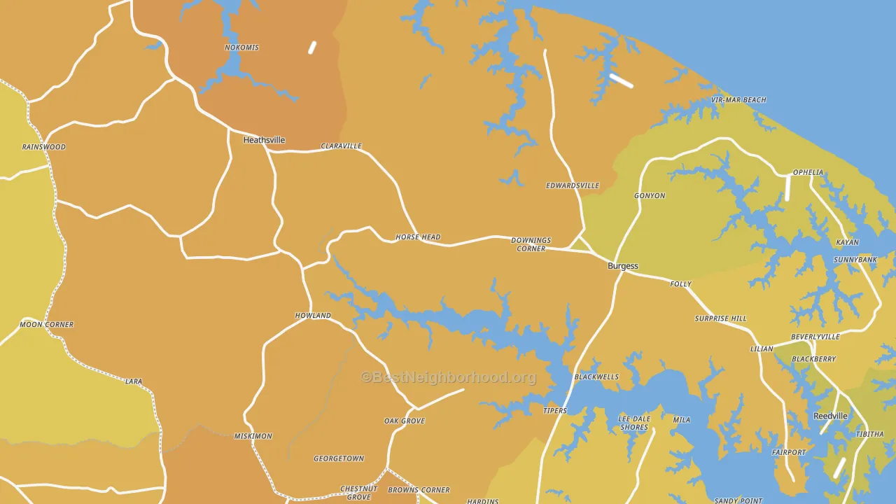 Map of the best neighborhoods in the Northumberland County area, with better matches in green and worse matches in red