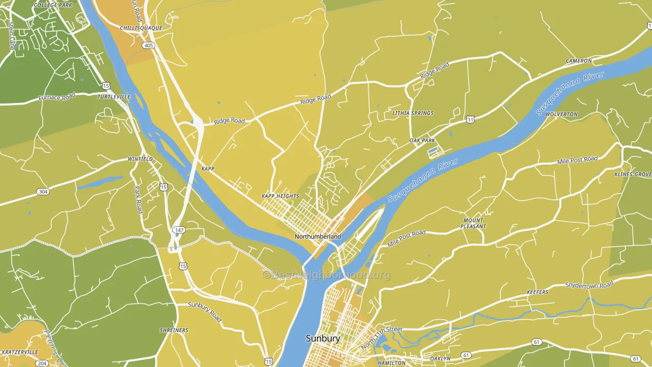 Map of the best neighborhoods in the Northumberland area, with better matches in green and worse matches in red