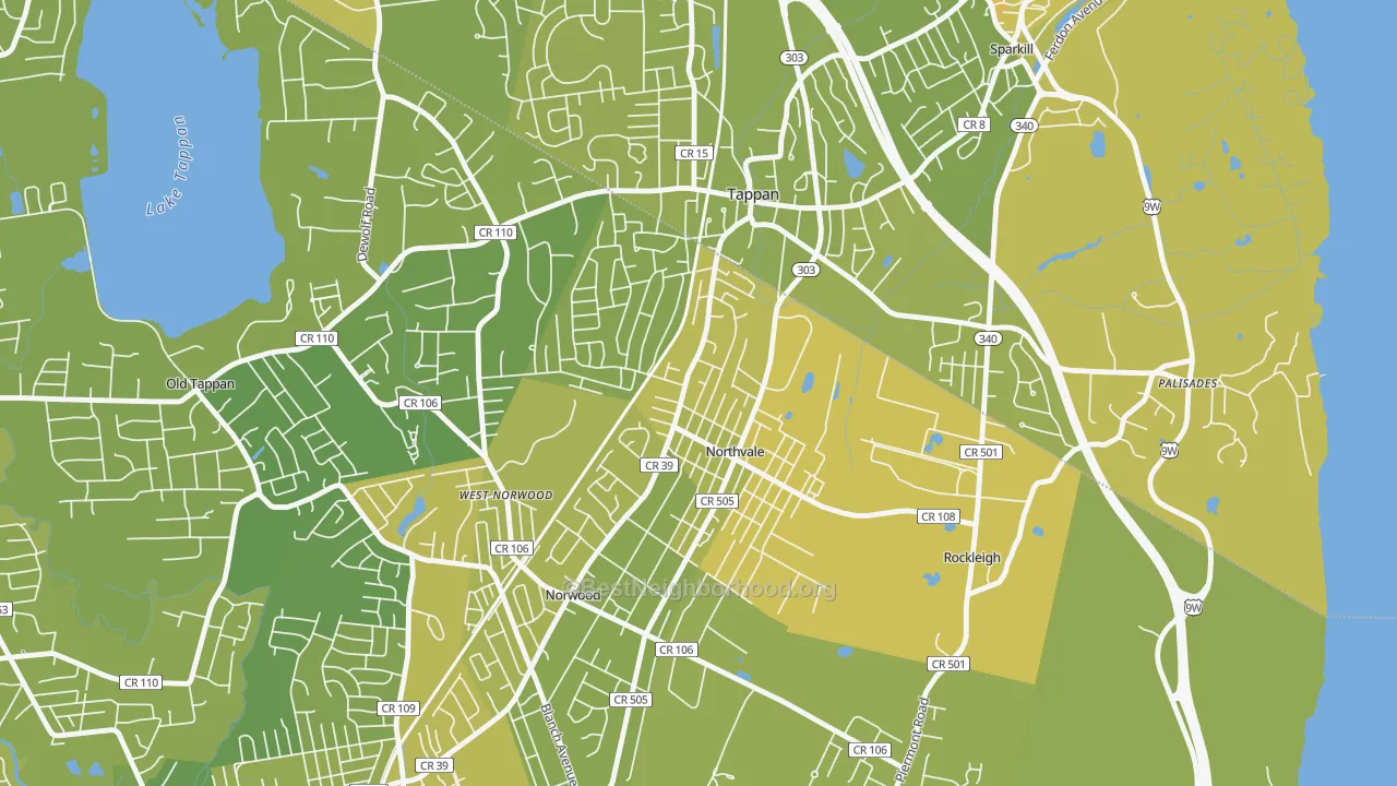 Map of the best neighborhoods in the Northvale area, with better matches in green and worse matches in red