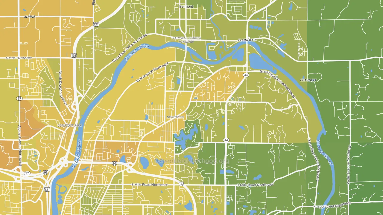 Map of the best neighborhoods in the Northview area, with better matches in green and worse matches in red
