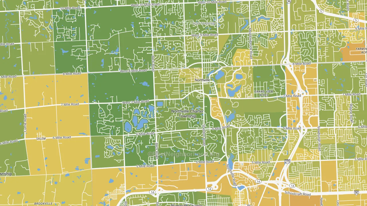 Map of the best neighborhoods in the Northville area, with better matches in green and worse matches in red
