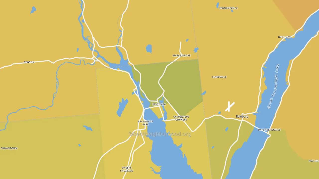 Map of the best neighborhoods in the Northville area, with better matches in green and worse matches in red