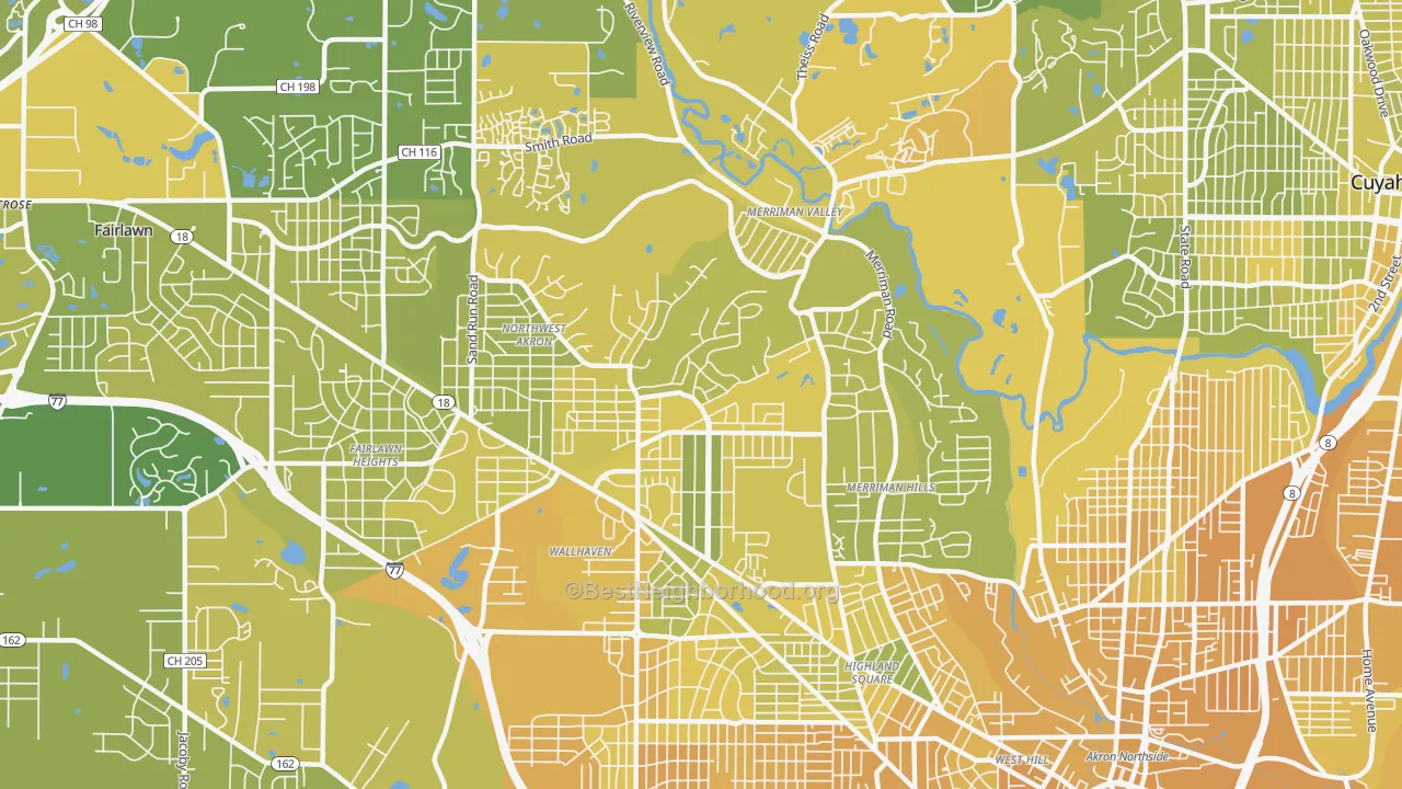 Map of the best neighborhoods in the Northwest Akron, Akron area, with better matches in green and worse matches in red