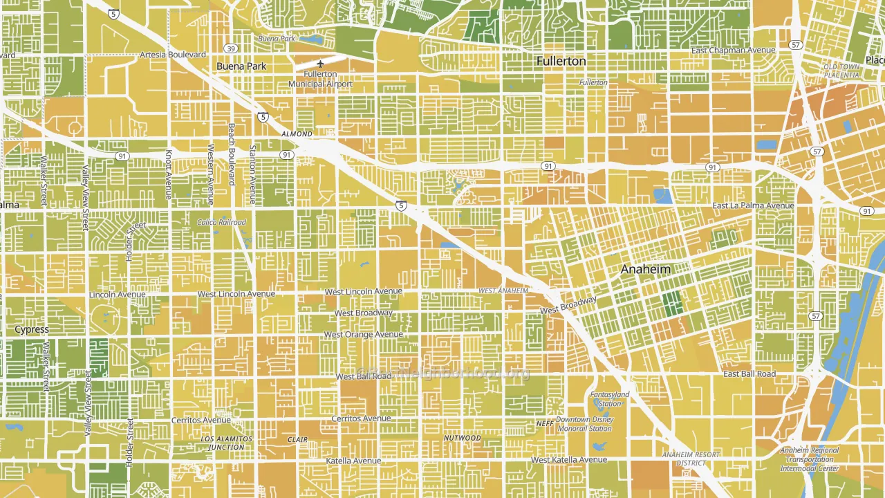 Map of the best neighborhoods in the Northwest, Anaheim area, with better matches in green and worse matches in red
