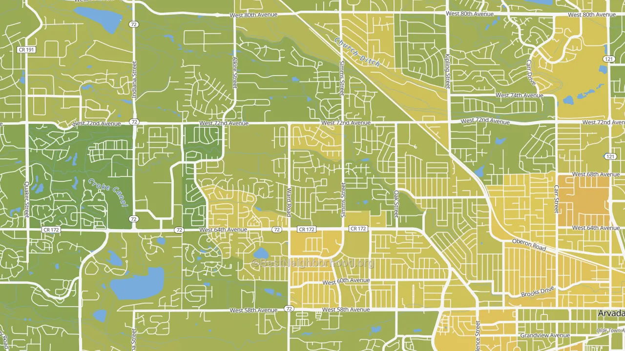 Map of the best neighborhoods in the Northwest Arvada, Arvada area, with better matches in green and worse matches in red