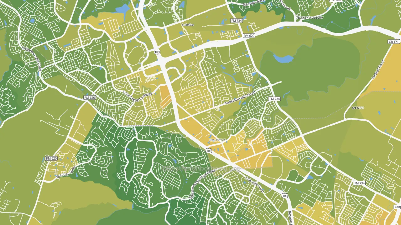 Map of the best neighborhoods in the Northwest Austin, Austin area, with better matches in green and worse matches in red
