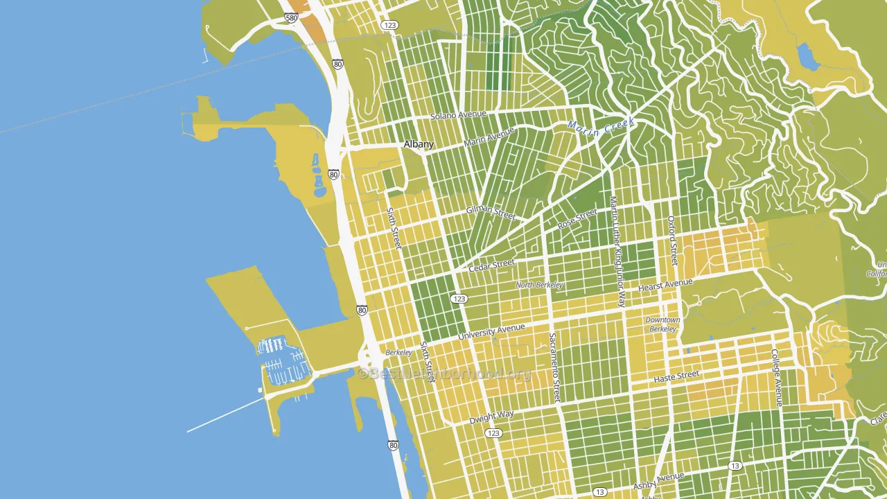 Map of the best neighborhoods in the Northwest Berkeley, Berkeley area, with better matches in green and worse matches in red
