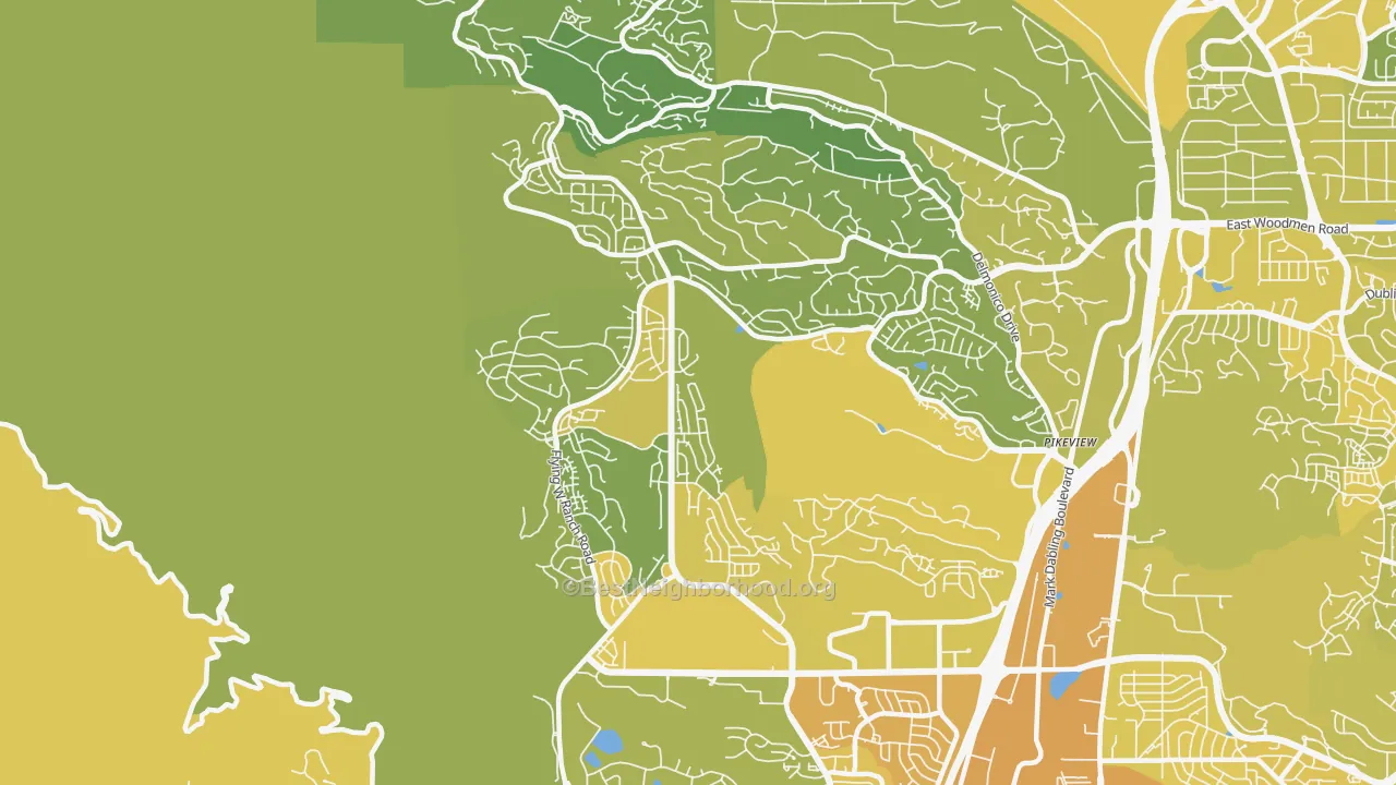 Map of the best neighborhoods in the Northwest Colorado Springs, Colorado Springs area, with better matches in green and worse matches in red