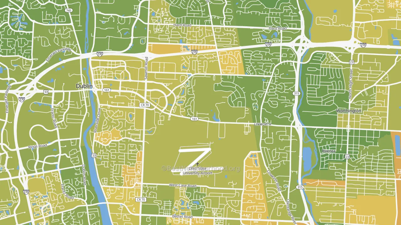 Map of the best neighborhoods in the Northwest, Columbus area, with better matches in green and worse matches in red