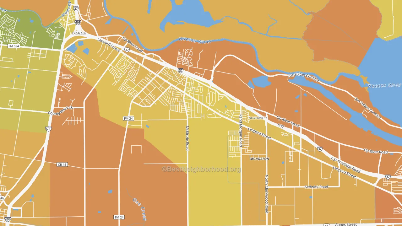 Map of the best neighborhoods in the Northwest Corpus Christi, Corpus Christi area, with better matches in green and worse matches in red