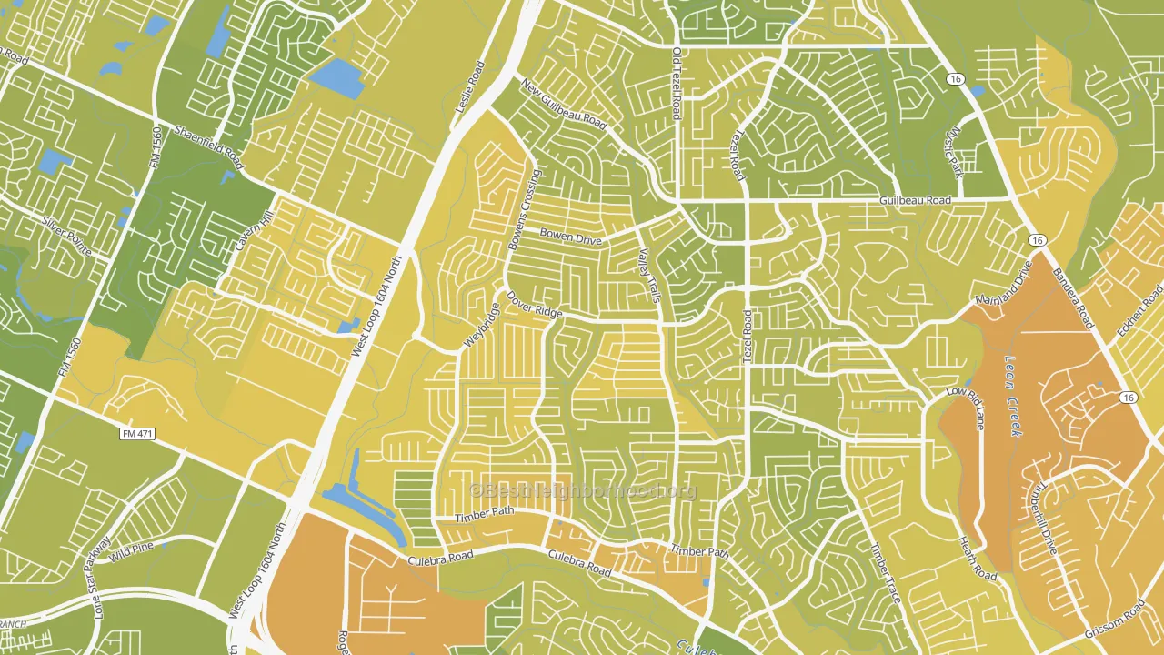 Map of the best neighborhoods in the Northwest Crossing, San Antonio area, with better matches in green and worse matches in red
