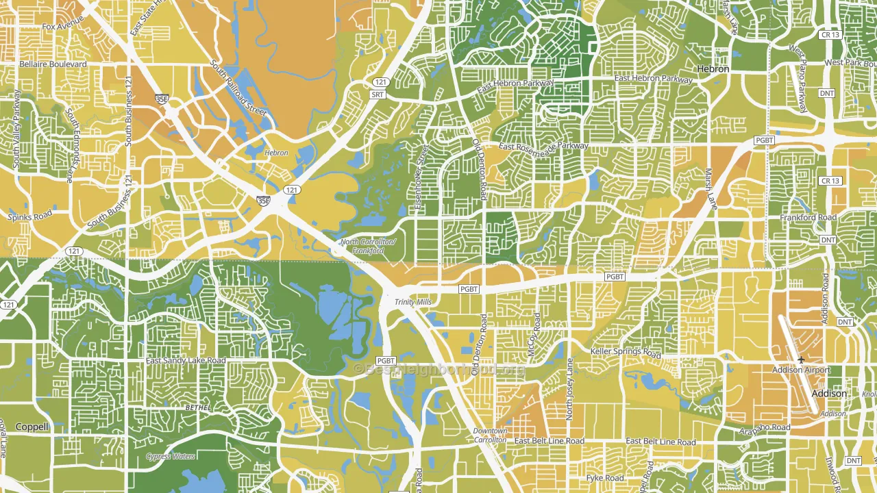 Map of the best neighborhoods in the Northwest Dallas, Dallas area, with better matches in green and worse matches in red