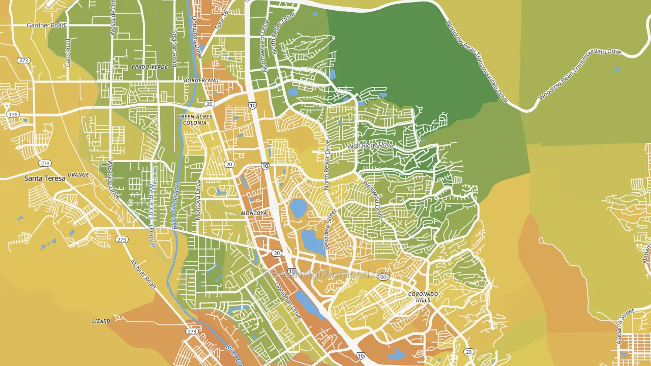 Map of the best neighborhoods in the Northwest, El Paso area, with better matches in green and worse matches in red