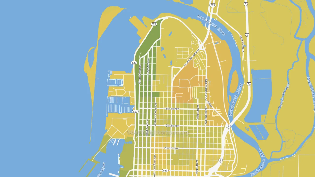 Map of the best neighborhoods in the Northwest Everett, Everett area, with better matches in green and worse matches in red