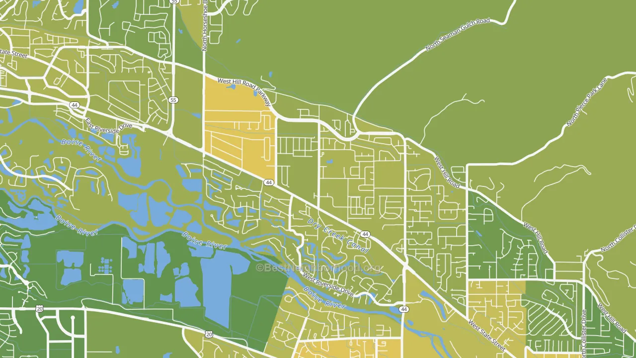 Map of the best neighborhoods in the Northwest, Garden City area, with better matches in green and worse matches in red
