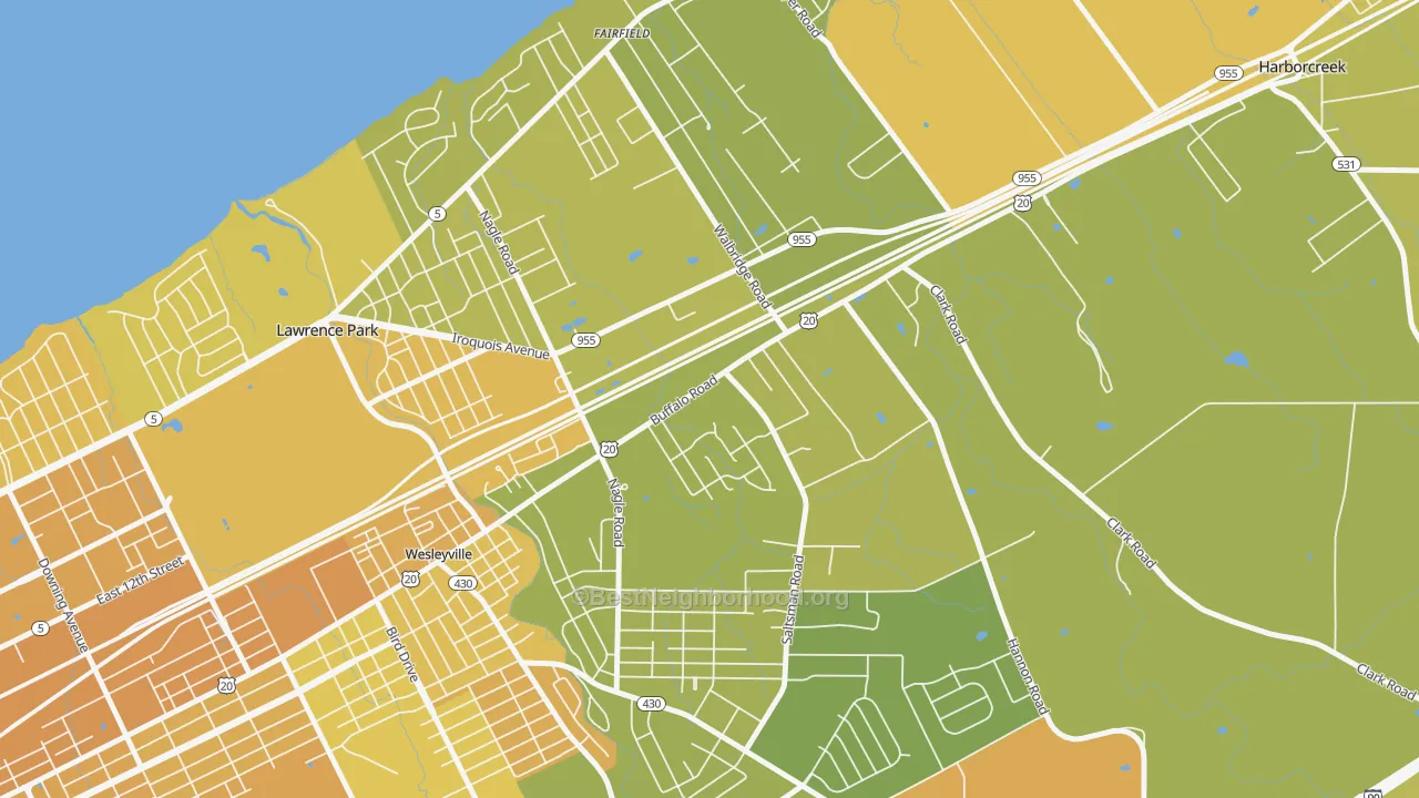 Map of the best neighborhoods in the Northwest Harborcreek area, with better matches in green and worse matches in red