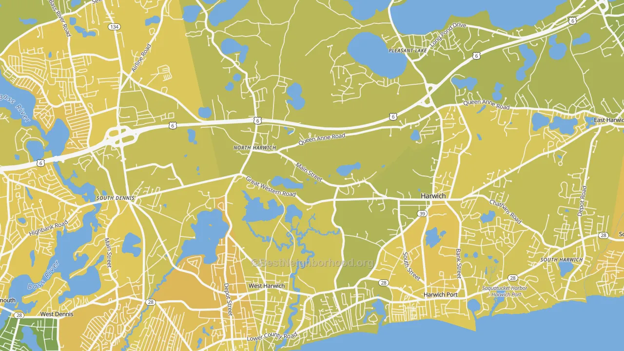 Map of the best neighborhoods in the Northwest Harwich area, with better matches in green and worse matches in red
