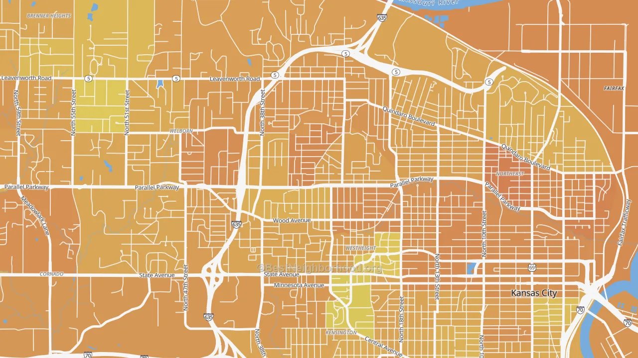 Map of the best neighborhoods in the Northwest, Kansas City area, with better matches in green and worse matches in red