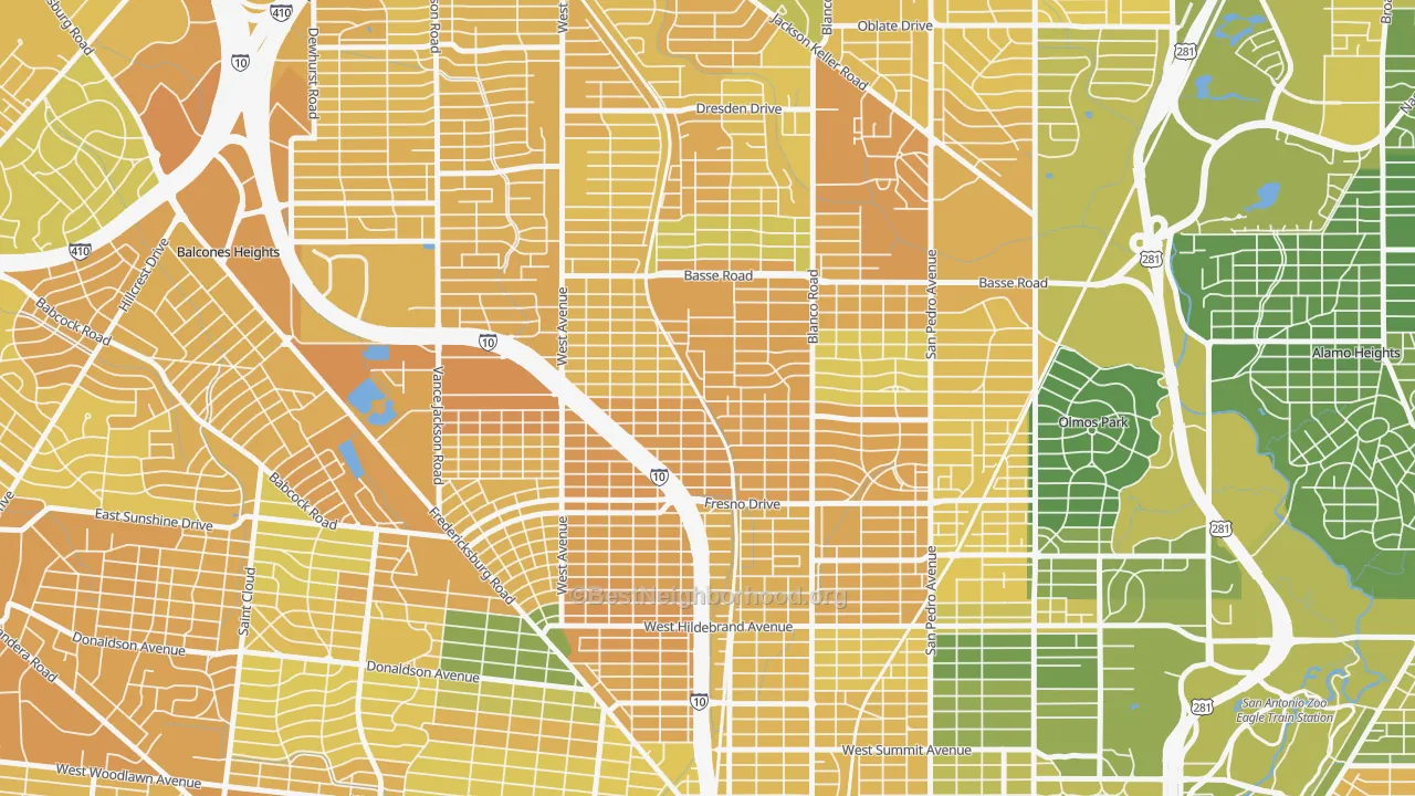 Map of the best neighborhoods in the Northwest Los Angeles Heights, San Antonio area, with better matches in green and worse matches in red