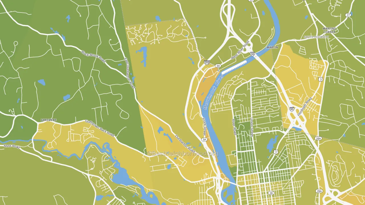Map of the best neighborhoods in the Northwest, Manchester area, with better matches in green and worse matches in red