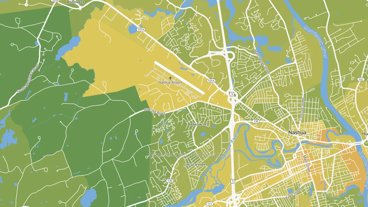 Map of the best neighborhoods in the Northwest Nashua, Nashua area, with better matches in green and worse matches in red