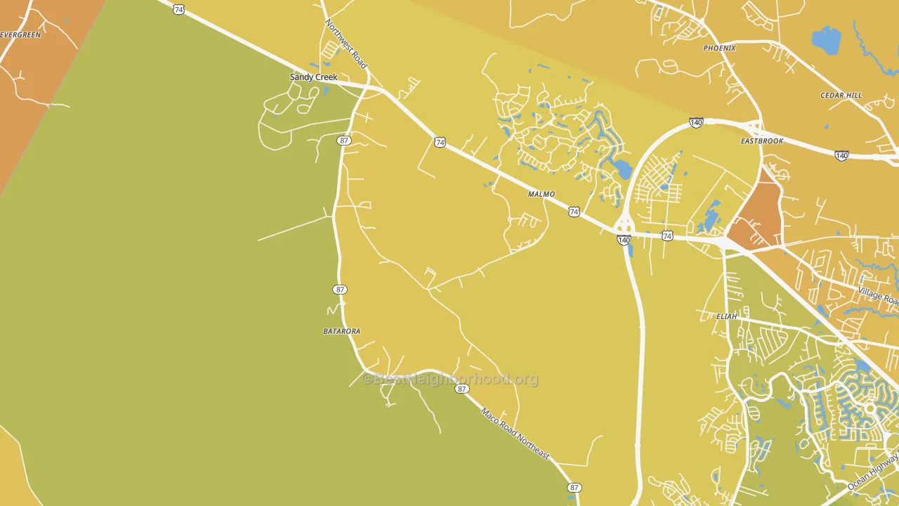 Map of the best neighborhoods in the Northwest area, with better matches in green and worse matches in red