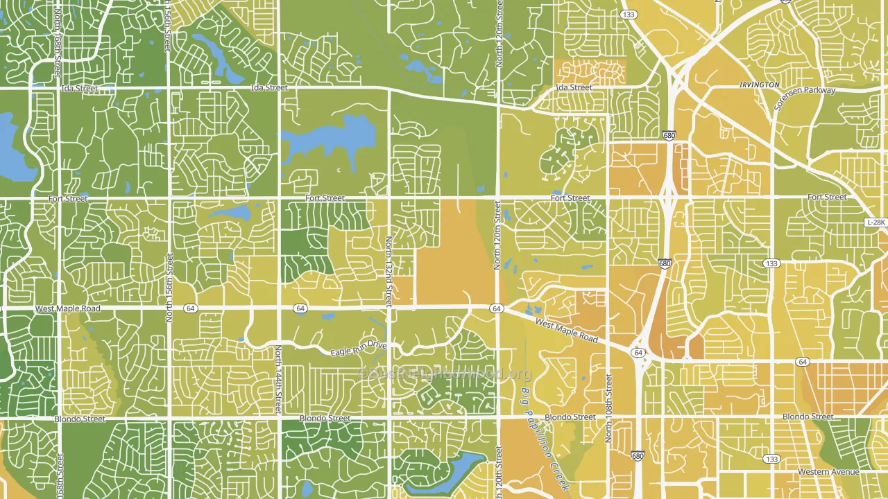 Map of the best neighborhoods in the Northwest Omaha, Omaha area, with better matches in green and worse matches in red