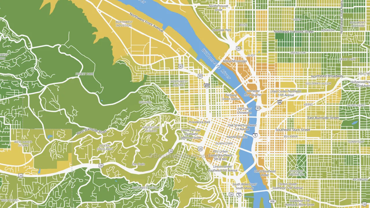 Map of the best neighborhoods in the Northwest, Portland area, with better matches in green and worse matches in red