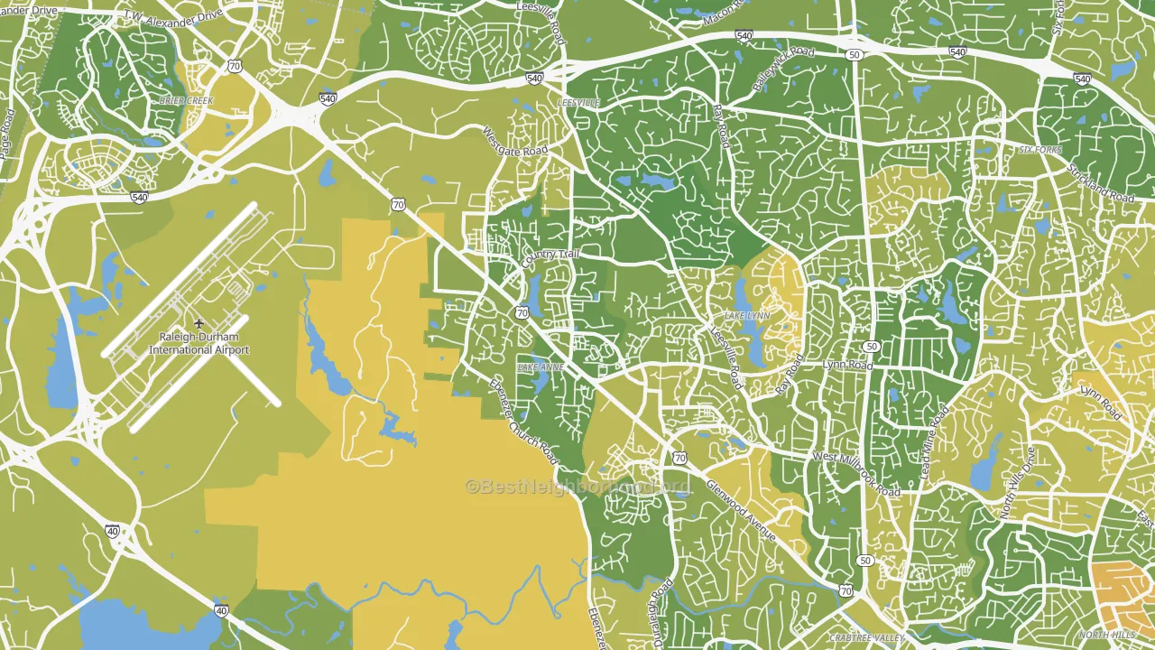Map of the best neighborhoods in the Northwest Raleigh, Raleigh area, with better matches in green and worse matches in red