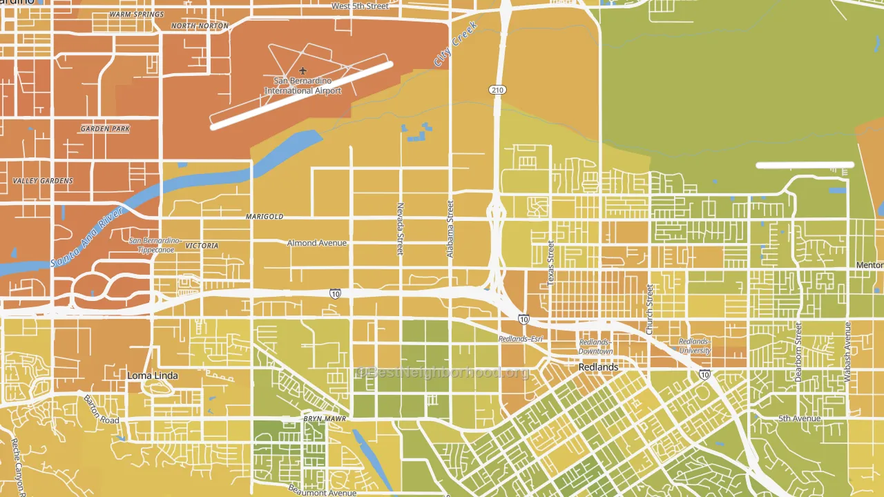 Map of the best neighborhoods in the Northwest Redlands, Redlands area, with better matches in green and worse matches in red