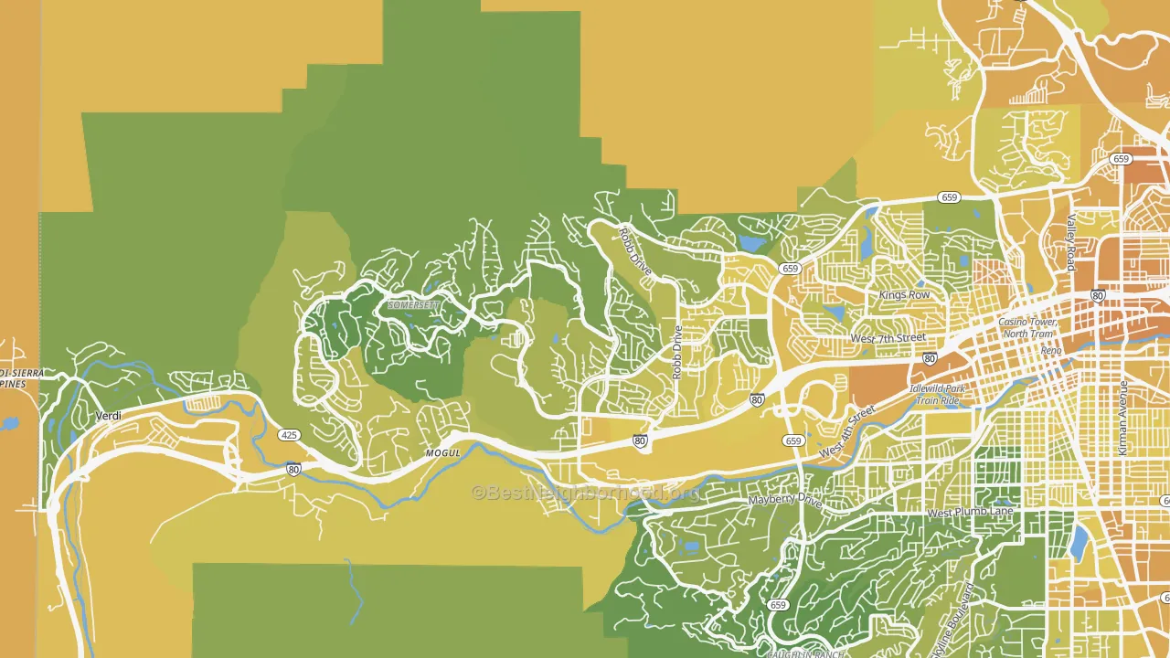 Map of the best neighborhoods in the Northwest, Reno area, with better matches in green and worse matches in red