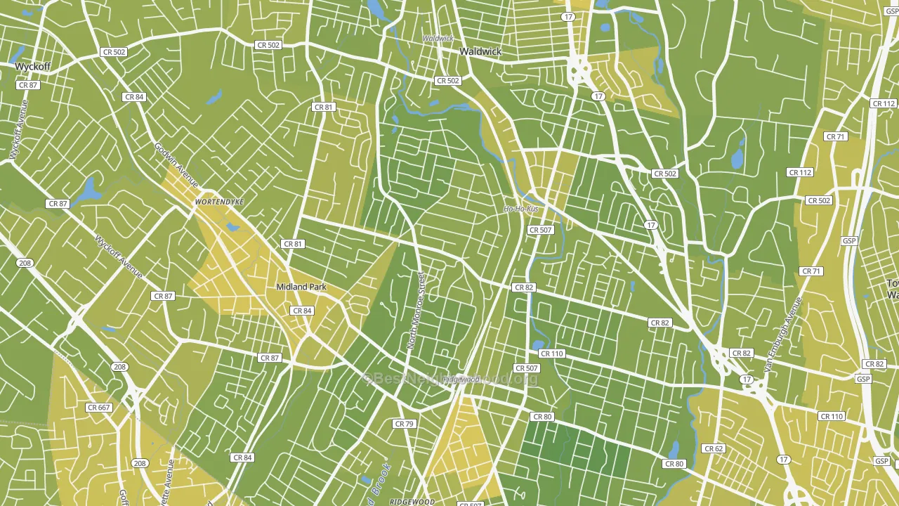 Map of the best neighborhoods in the Northwest Ridgewood, Ridgewood area, with better matches in green and worse matches in red